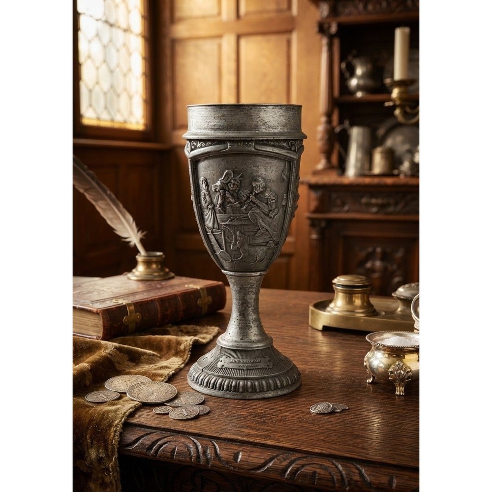 Miniature Pewter Goblet Jan Steen Relief Scenes Vintage Metal Chalice 3.5"